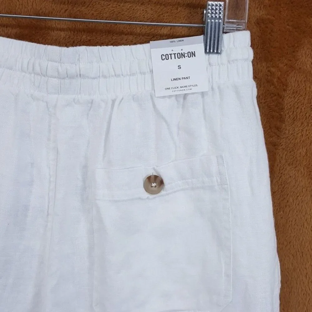 Cotton On Pants Mens Small White Drawstring 100% Linen Tapered Leg Pant